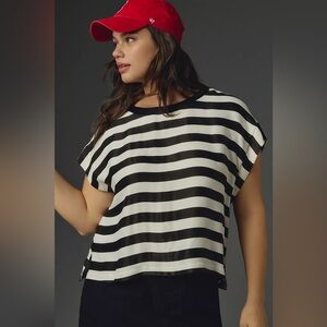 Maeve Black & White Batwing Button-Back Tee, size Large